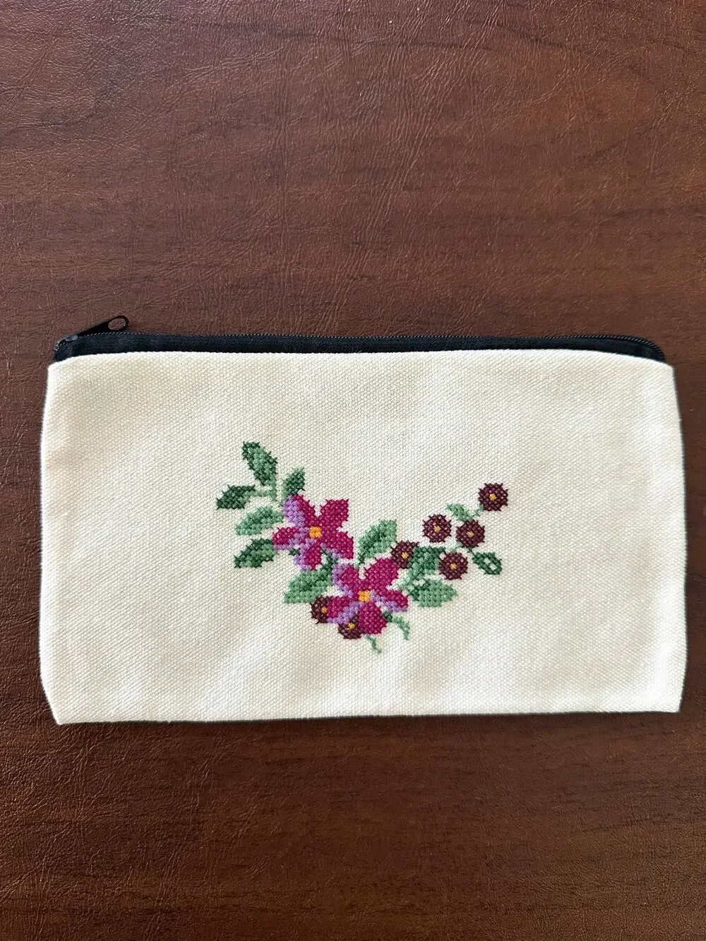 Hand Embroidered Floral Zipper Pouch Needlepoint Cosmetic Bag Boho Cottage